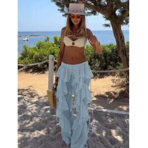 Tierred Flare Pants Women Y2K flared See Through Summer baby blue festival boho
